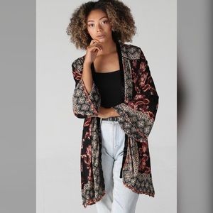 Angie Women's Bell Sleeve Kimono Jacket – Flowy Floral Print, Mid-Calf Length Transitional Cover-Up